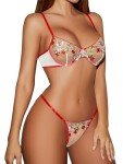Lilosy Sexy Floral Embroidered Mesh Sheer Underwire Push Up Lingerie Set Women See Through Bra and Panty 2 Piece Sun Floral Red Medium