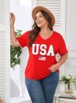 ForHailey USA Shirts Women 4th of July Patriotic Tops V Neck American Flag Plus Size Short Sleeve Tee Tshirt Red XX-Large