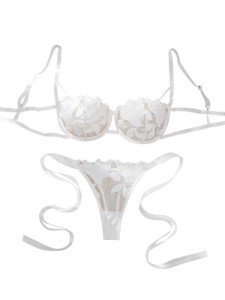 Lilosy Sexy Tie Side Cute Underwire Push Up Strappy Embroidered Mesh Sheer Lingerie Set Women See Through Bra and Panty 2 Piece Bowless Floral White Small