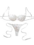 Lilosy Sexy Tie Side Cute Underwire Push Up Strappy Embroidered Mesh Sheer Lingerie Set Women See Through Bra and Panty 2 Piece Bowless Floral White Small