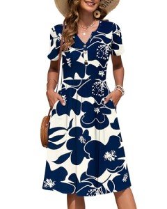 WNEEDU Women Summer Dresses Short Sleeve Casual Loose Swing Button Down Dress Elastic Waist Sundresses with Pockets,White Navy Flower,M