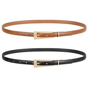 LEACOOLKEY 2 Pack Women Skinny Belts for Jeans Dress Thin Leather Waist Belt with Gold Buckle