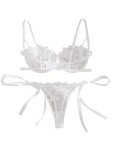 Lilosy Sexy Tie Side Cute Underwire Push Up Strappy Embroidered Mesh Sheer Lingerie Set Women See Through Bra and Panty 2 Piece Bowless Floral White Small