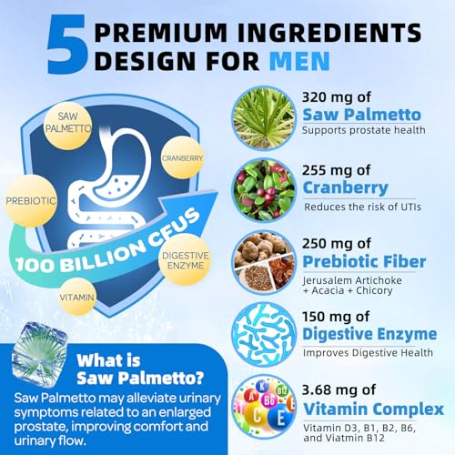 Probiotics for Men 100 Billion CFU - Probiotics for Digestive Health, Men's Probiotics Supplement, Prebiotics & Enzymes, for Prostate Health with Saw Palmetto, Weight Management | 90 Veg Capsules