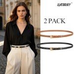 LEACOOLKEY 2 Pack Women Skinny Belts for Jeans Dress Thin Leather Waist Belt with Gold Buckle