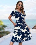 WNEEDU Women Summer Dresses Short Sleeve Casual Loose Swing Button Down Dress Elastic Waist Sundresses with Pockets,White Navy Flower,M