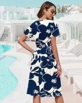 WNEEDU Women Summer Dresses Short Sleeve Casual Loose Swing Button Down Dress Elastic Waist Sundresses with Pockets,White Navy Flower,M