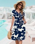 WNEEDU Women Summer Dresses Short Sleeve Casual Loose Swing Button Down Dress Elastic Waist Sundresses with Pockets,White Navy Flower,M