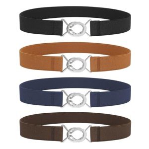 WERFORU 4 Pack Women Skinny Elastic Waist Belt Stretchy Thin Belt for Dress Jeans.D-Black+Brown+Blue+Coffee,Fit Waist Size 29-34 Inches