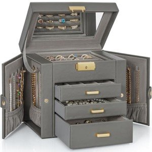 AKOZLIN 4-Tier Jewelry Box Leather Jewelry Storage Organizer with 3 Drawers Lockable for Women Girls Ring Necklace Earring Bracelet Watches Holder with Mirror Dark Grey
