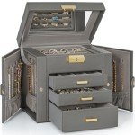 AKOZLIN 4-Tier Jewelry Box Leather Jewelry Storage Organizer with 3 Drawers Lockable for Women Girls Ring Necklace Earring Bracelet Watches Holder with Mirror Dark Grey