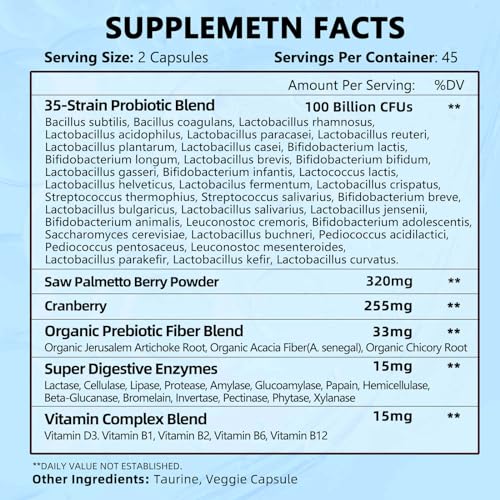 Probiotics for Men 100 Billion CFU - Probiotics for Digestive Health, Men's Probiotics Supplement, Prebiotics & Enzymes, for Prostate Health with Saw Palmetto, Weight Management | 90 Veg Capsules