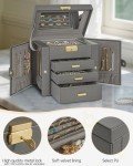 AKOZLIN 4-Tier Jewelry Box Leather Jewelry Storage Organizer with 3 Drawers Lockable for Women Girls Ring Necklace Earring Bracelet Watches Holder with Mirror Dark Grey