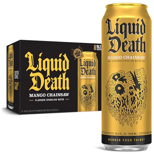 Liquid Death, Mango Chainsaw Sparkling Water, Mango Flavored Sparkling Beverage Sweetened With Real Agave, Low Calorie & Low Sugar, 8-Pack (King Size 19.2oz Cans)