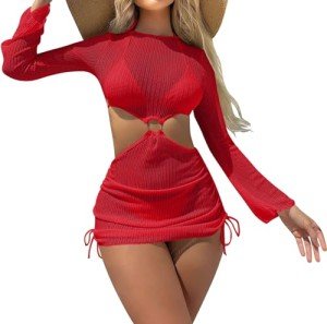Lilosy Sexy O Ring Cutout Long Sleeve Swimwear Cover Ups Swimsuit Women Mesh See Through Bathing Suit Sheer Bikini Swim Beach Backless String Tie Side Dress Top Bottom 3 Piece Red X-Large
