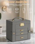 AKOZLIN 4-Tier Jewelry Box Leather Jewelry Storage Organizer with 3 Drawers Lockable for Women Girls Ring Necklace Earring Bracelet Watches Holder with Mirror Dark Grey