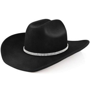 100% Wool Western Cowboy Hat for Men Women Classic Fedora Hat Felt Cowgirls Hats with Three-Row Crystal Decorative Bands (US, Alpha, Medium, Large, Black-D)