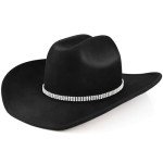 100% Wool Western Cowboy Hat for Men Women Classic Fedora Hat Felt Cowgirls Hats with Three-Row Crystal Decorative Bands (US, Alpha, Medium, Large, Black-D)