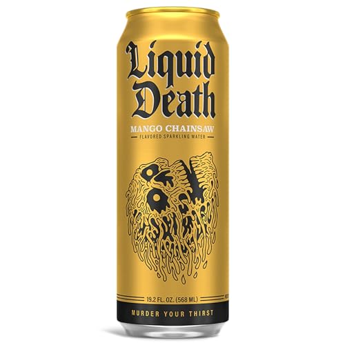 Liquid Death, Mango Chainsaw Sparkling Water, Mango Flavored Sparkling Beverage Sweetened With Real Agave, Low Calorie & Low Sugar, 8-Pack (King Size 19.2oz Cans)