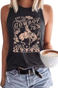 Retro Western Cowboy Rodeo Tank Top for Women Vintage Country Tank Shirt Summer Sleeveless Casual Cowgirl Tank Tee(Dark Grey10,Small)