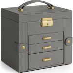 AKOZLIN 4-Tier Jewelry Box Leather Jewelry Storage Organizer with 3 Drawers Lockable for Women Girls Ring Necklace Earring Bracelet Watches Holder with Mirror Dark Grey