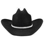 100% Wool Western Cowboy Hat for Men Women Classic Fedora Hat Felt Cowgirls Hats with Three-Row Crystal Decorative Bands (US, Alpha, Medium, Large, Black-D)