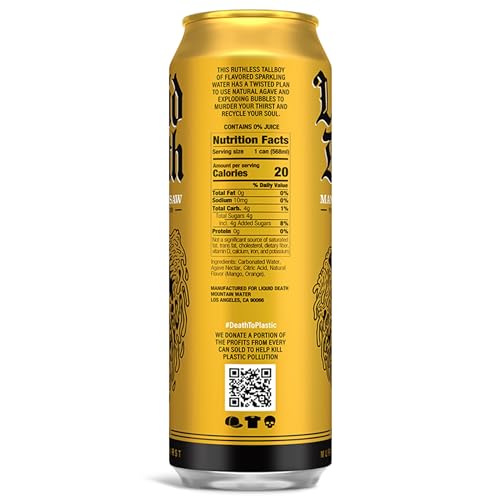 Liquid Death, Mango Chainsaw Sparkling Water, Mango Flavored Sparkling Beverage Sweetened With Real Agave, Low Calorie & Low Sugar, 8-Pack (King Size 19.2oz Cans)