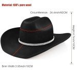 100% Wool Western Cowboy Hat for Men Women Classic Fedora Hat Felt Cowgirls Hats with Three-Row Crystal Decorative Bands (US, Alpha, Medium, Large, Black-D)