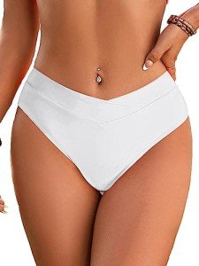 Fanuerg Women's Bikini Bottom Cross V Cut Front Swimsuit Full Coverage Swim Bathing Suit Bottoms White XS