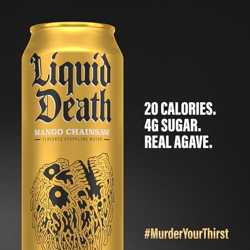 Liquid Death, Mango Chainsaw Sparkling Water, Mango Flavored Sparkling Beverage Sweetened With Real Agave, Low Calorie & Low Sugar, 8-Pack (King Size 19.2oz Cans)