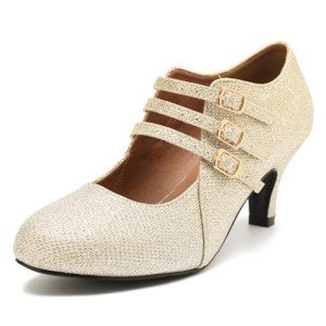omthaka Women's Kitten Heels Mary Jane Shoes Round Toe Low Heels D'Orsay Dressy Wedding Office Work Pumps Gold Glitter-US7