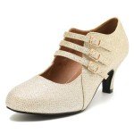 omthaka Women's Kitten Heels Mary Jane Shoes Round Toe Low Heels D'Orsay Dressy Wedding Office Work Pumps Gold Glitter-US7