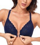 HACI Women's Front Closure Bra Underwire Unpadded T-Back Plus Size Lacy Full Coverage Racerback T-Shirt Unlined(Blue,36DD)