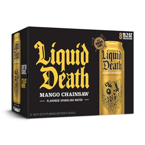 Liquid Death, Mango Chainsaw Sparkling Water, Mango Flavored Sparkling Beverage Sweetened With Real Agave, Low Calorie & Low Sugar, 8-Pack (King Size 19.2oz Cans)