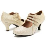 omthaka Women's Kitten Heels Mary Jane Shoes Round Toe Low Heels D'Orsay Dressy Wedding Office Work Pumps Gold Glitter-US7