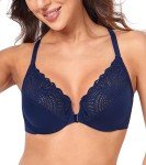 HACI Women's Front Closure Bra Underwire Unpadded T-Back Plus Size Lacy Full Coverage Racerback T-Shirt Unlined(Blue,36DD)