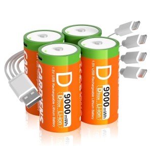 CARDIENS 9000mWh Rechargeable D Batteries 1.5v Lithium D Battery Size with 4-in-1 USB-C Charging Cable and LED Charge Indicator, 4-Pack