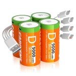 CARDIENS 9000mWh Rechargeable D Batteries 1.5v Lithium D Battery Size with 4-in-1 USB-C Charging Cable and LED Charge Indicator, 4-Pack