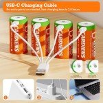 CARDIENS 9000mWh Rechargeable D Batteries 1.5v Lithium D Battery Size with 4-in-1 USB-C Charging Cable and LED Charge Indicator, 4-Pack