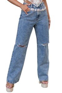 Women's Straight Leg High Waist Baggy Denim Jeans Loose Boyfriend Casual Stretchy Jeans D-Blue