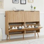 47" Fluted Large Shoe Cabinet with 4 Flip Drawers, Slim Freestanding Shoe Cabinet Organizer, Narrow Shoes Storage Rack for Entryway (Natural, 9.45" D x 47.24" W x 35.83" H)