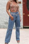 Women's Straight Leg High Waist Baggy Denim Jeans Loose Boyfriend Casual Stretchy Jeans D-Blue