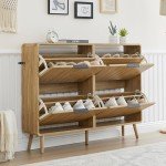 47" Fluted Large Shoe Cabinet with 4 Flip Drawers, Slim Freestanding Shoe Cabinet Organizer, Narrow Shoes Storage Rack for Entryway (Natural, 9.45" D x 47.24" W x 35.83" H)