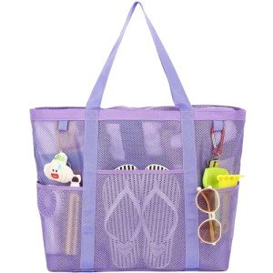 Fammart Mesh Beach Bag, Large Beach Tote with Top Zipper Closure & 8 Pockets Toys Pool Bag Family Vacation Cruise Essentials