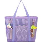 Fammart Mesh Beach Bag, Large Beach Tote with Top Zipper Closure & 8 Pockets Toys Pool Bag Family Vacation Cruise Essentials