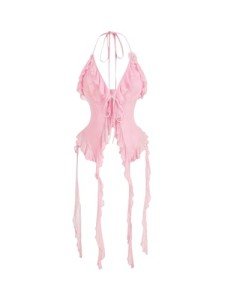 WDIRARA Women's 3D Flower Tie Front Ruffle Trim Halter Top Tie Backless Camisole Pink Solid Large