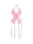WDIRARA Women's 3D Flower Tie Front Ruffle Trim Halter Top Tie Backless Camisole Pink Solid Large
