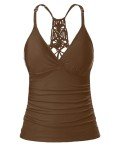 Holipick Tankini Top for Women V Neck Tummy Control Swim Top Ruched Bathing Suit Top Only No Bottom Brown