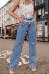 Women's Straight Leg High Waist Baggy Denim Jeans Loose Boyfriend Casual Stretchy Jeans D-Blue
