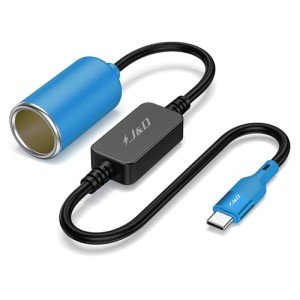 J&D USB C Male to 12V Car Cigarette Lighter Socket Female Converter Cable, 12V 18W Power Cable for Dash Cam, GPS, Car LED Light Strips, Blue, 1 ft